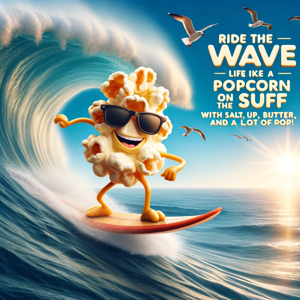 A hilarious image of a popcorn kernel on a surfboard, riding a giant wave. The kernel, wearing a tiny swimsuit and sunglasses, strikes a confident pose as it navigates the towering wave. Seagulls fly overhead, and the sun beams down on the sparkling ocean. The caption reads, "Ride the wave of life like a popcorn on the surf: with salt, butter, and a whole lot of pop!" This scene captures the adventurous spirit and fun of surfing, with a humorous twist featuring a popcorn kernel embracing the thrill of the ride.
