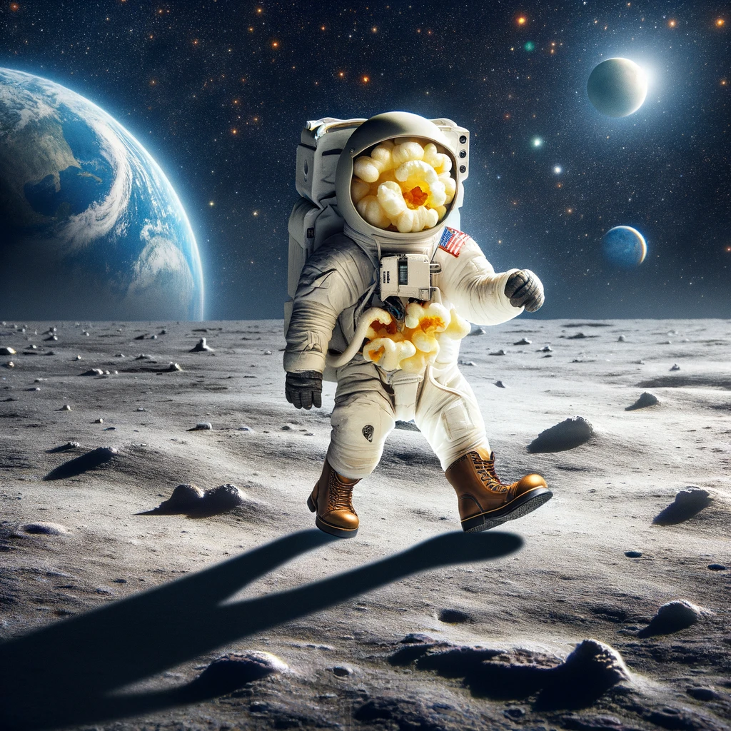 An imaginative scene where a popcorn kernel is moonwalking on the moon, wearing a space helmet and boots. The Earth is visible in the background, along with stars and distant planets. The kernel's shadow stretches across the lunar surface, capturing the iconic dance move. The caption reads, "Popcorn in space: Taking the moonwalk to a whole new level!" This image combines humor with the awe-inspiring concept of space exploration, featuring a popcorn kernel as an astronaut enjoying a light-hearted moment on the moon.