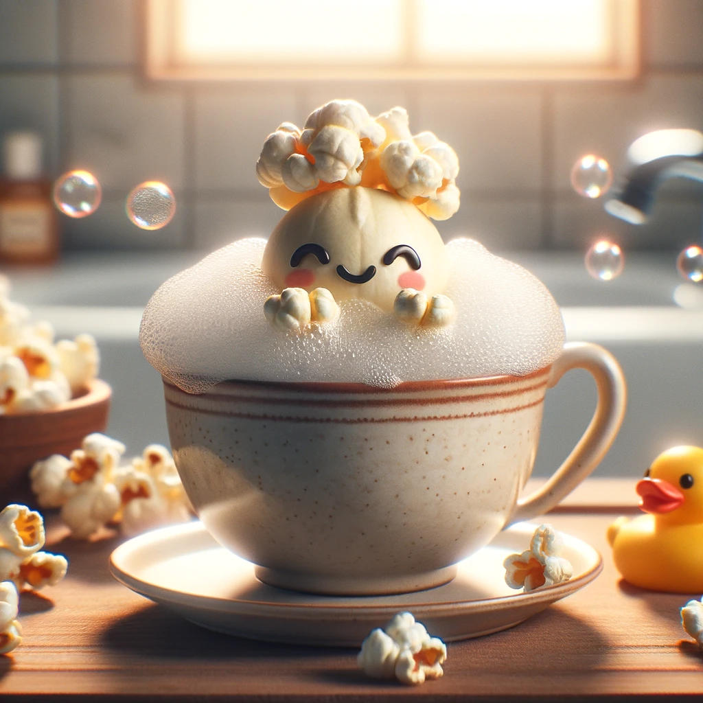 A cute image of a popcorn kernel taking a bubble bath in a tiny teacup, surrounded by bubbles. The kernel has a relaxed smile, and a rubber duck floats nearby. The scene is set against a bathroom background with soft lighting, creating a cozy and inviting atmosphere. The caption reads, "Sometimes, even popcorn needs to pop down and enjoy a warm soak." This playful image captures the idea of relaxation and self-care, with a whimsical twist of a popcorn kernel enjoying a moment of tranquility.
