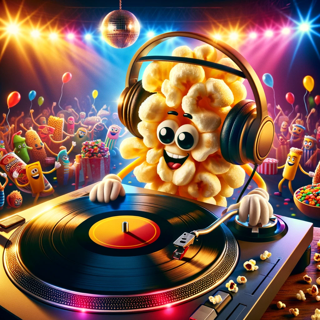 A dynamic image of a popcorn kernel as a DJ, spinning records at a lively party. The scene is vibrant, with colorful lights, a disco ball, and an enthusiastic crowd of various snacks and candies on the dance floor. The DJ popcorn wears headphones and is focused on the turntable, creating the perfect party atmosphere. The caption reads, "Dropping beats like hot kernels: Popcorn on the decks!" This image encapsulates the energy and excitement of a great party, with a fun twist of a popcorn kernel bringing the tunes and vibes.