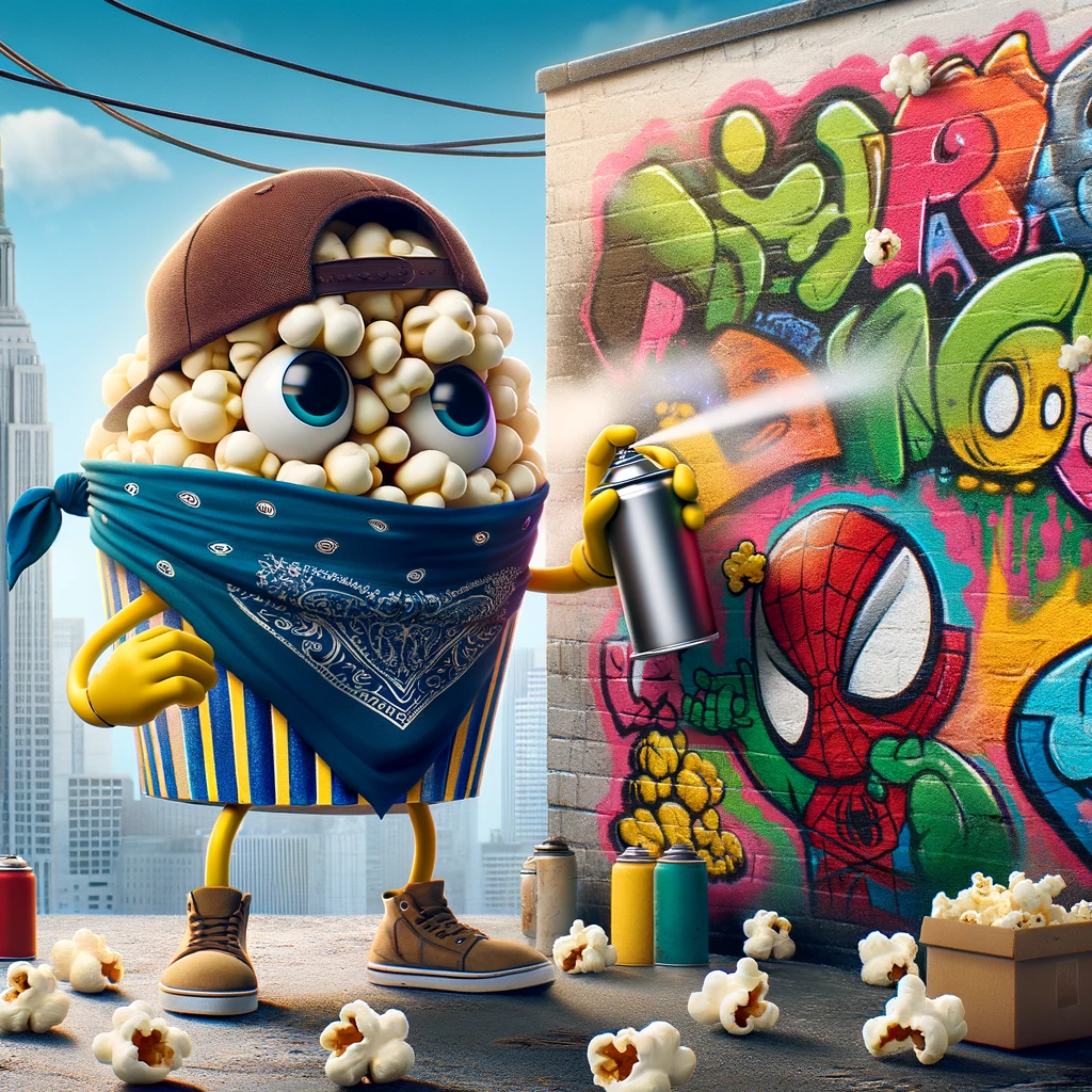 A quirky scene of a popcorn kernel as a graffiti artist, spray-painting a colorful mural on an urban wall. The mural depicts various popcorn kernels in superhero poses, with the city skyline in the background. The artist popcorn wears a bandana over its face and a cap backwards, exuding a cool vibe. The caption reads, "Expressing flavors through art: Popcorn tagging the city with pops of color!" This image portrays the popcorn kernel as a creator and rebel, using graffiti to bring joy and color to the urban landscape, with a humorous play on the concept of popcorn popping.