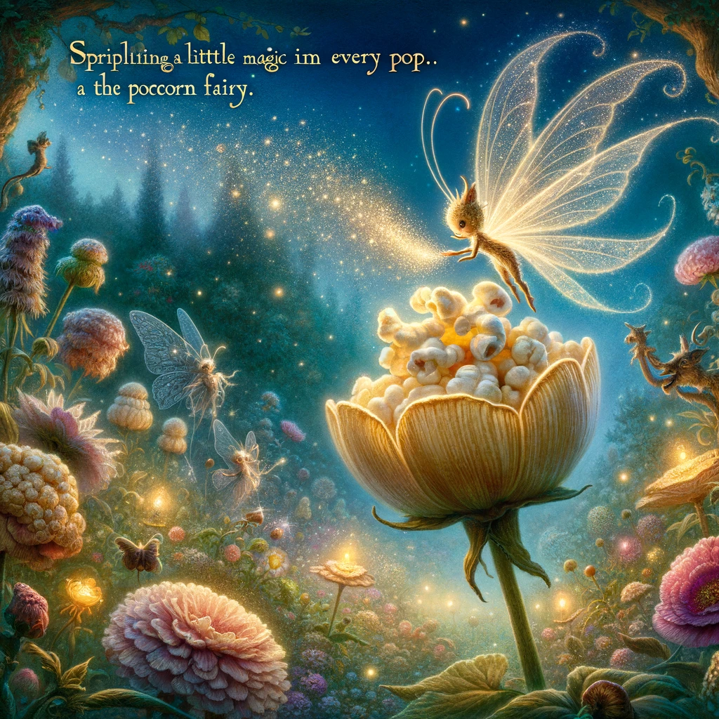 An enchanting scene of a popcorn kernel as a fairy, fluttering around a magical garden at twilight. The fairy popcorn has delicate wings that shimmer in the fading light, and it is sprinkling fairy dust over blooming flowers, causing them to glow softly. The garden is filled with other whimsical creatures, all watching in wonder. The caption reads, "Sprinkling a little magic on every pop: The fairy tale of a popcorn fairy." This image captures the wonder and beauty of fairy tales, with a popcorn kernel bringing a touch of magic and enchantment to the natural world.