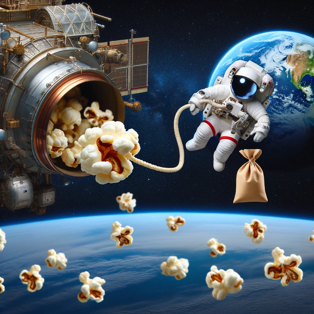A playful scene of a popcorn kernel as an astronaut floating in space outside a spacecraft, with Earth in the background. The kernel is tethered to the spacecraft, reaching out to a floating bag of popcorn. Caption: "Space pop!" This image combines the vastness of space with the light-heartedness of popcorn, creating a humorous juxtaposition.