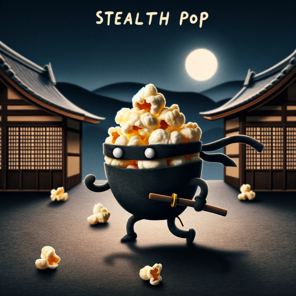 A whimsical scene of a popcorn kernel as a ninja stealthily moving through a dark night, with only its eyes visible. The background features traditional Japanese architecture. Caption: "Stealth pop." This image playfully combines the concept of popcorn with the mysterious and agile nature of ninjas.