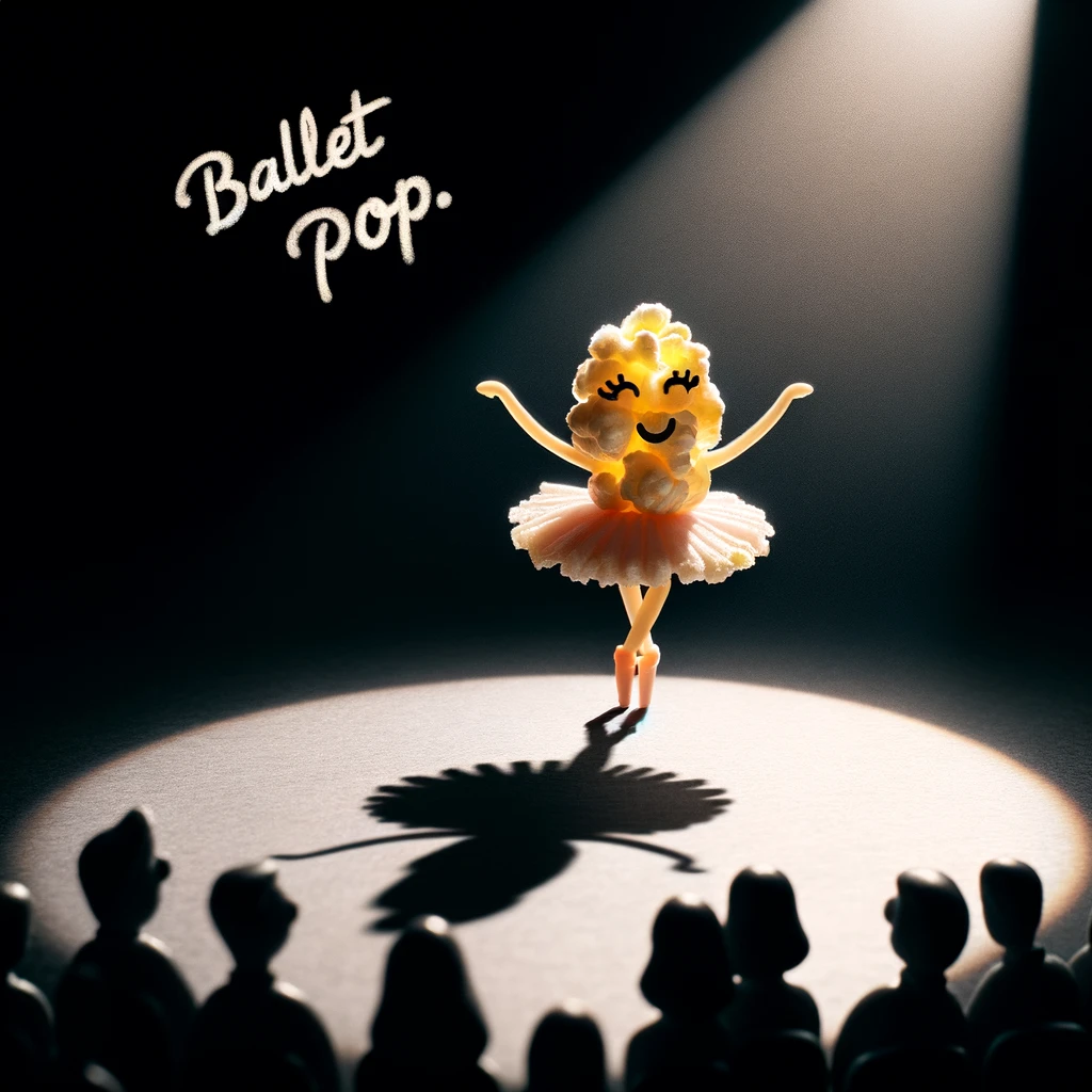 A charming scene of a popcorn kernel as a ballerina, gracefully performing on stage with a spotlight highlighting its movement. The audience is in shadow, captivated by the performance. Caption: "Ballet pop." This image whimsically captures the elegance and beauty of ballet, with a popcorn twist.