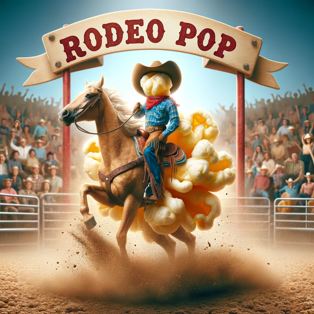 A humorous scene of a popcorn kernel as a cowboy riding a horse in a rodeo, dust flying around as it holds on tightly. The audience is cheering in the background. Caption: "Rodeo pop." This image humorously merges the wild, adventurous spirit of the rodeo with the playful character of popcorn.