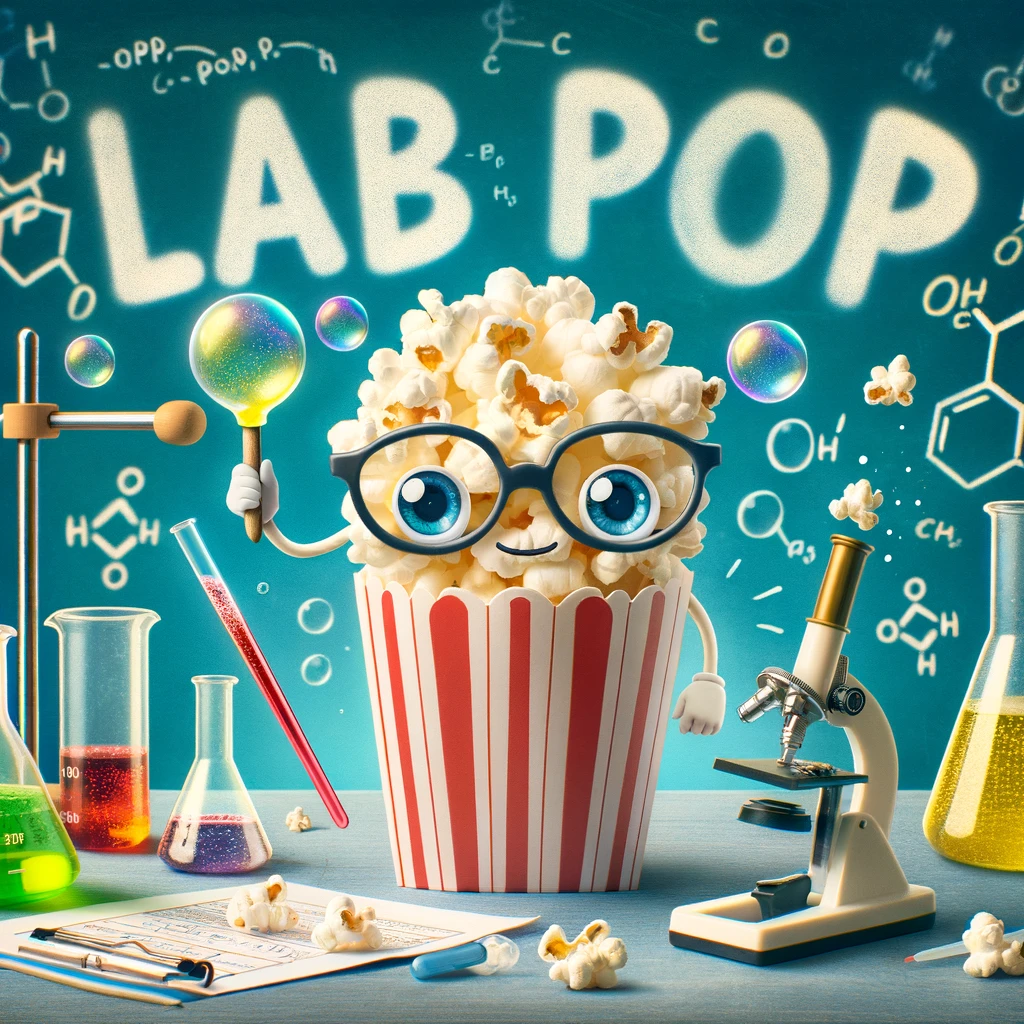 A delightful scene of a popcorn kernel as a scientist, surrounded by beakers and test tubes, conducting experiments in a lab. Bubbles and colorful reactions are visible. Caption: "Lab pop." This image playfully combines the curiosity and innovation of science with the light-hearted nature of popcorn.