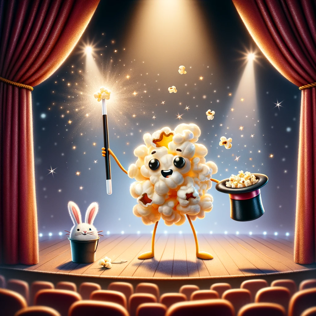 A captivating scene of a popcorn kernel as a magician, performing a magic trick with a wand and a hat on a stage, with sparkles and a rabbit appearing. Caption: "Magic pop." This image cleverly intertwines the enchantment and mystery of magic shows with the fun aspect of popcorn.