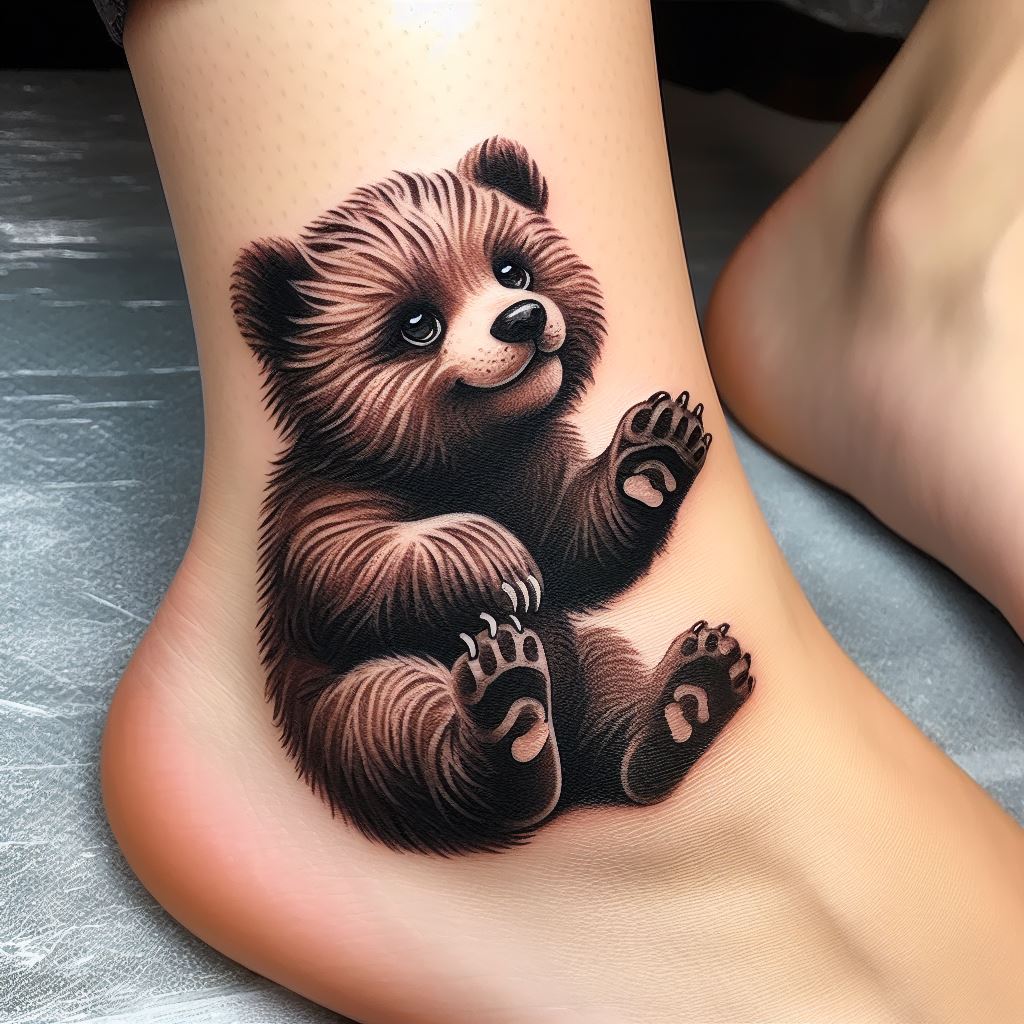 A tattoo featuring a playful bear cub wrapped around the ankle, its paw reaching up as if trying to catch something. The design is whimsical and lively, capturing the playful spirit of the bear cub with detailed fur texture and expressive eyes. This tattoo wraps around the ankle, creating a charming and endearing image that moves with the body.