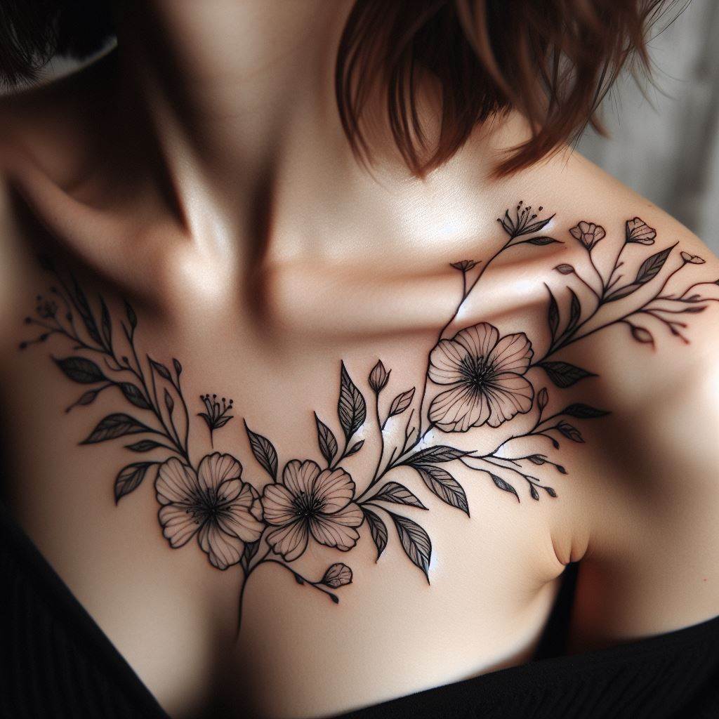 A delicate floral tattoo wrapping gracefully around the collarbone, featuring fine line blossoms and leaves in black ink.