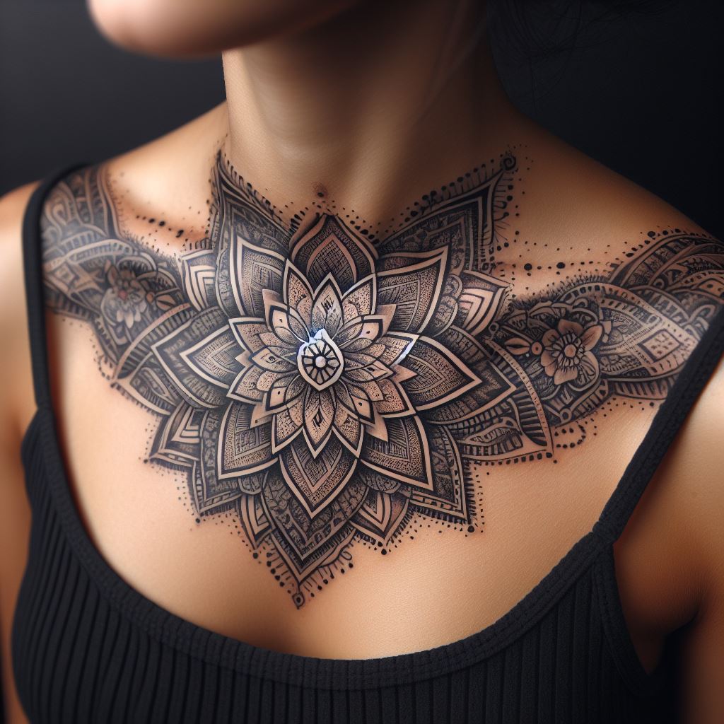 An intricate mandala tattoo adorning the collarbone area, showcasing detailed geometric patterns and dotwork shading.