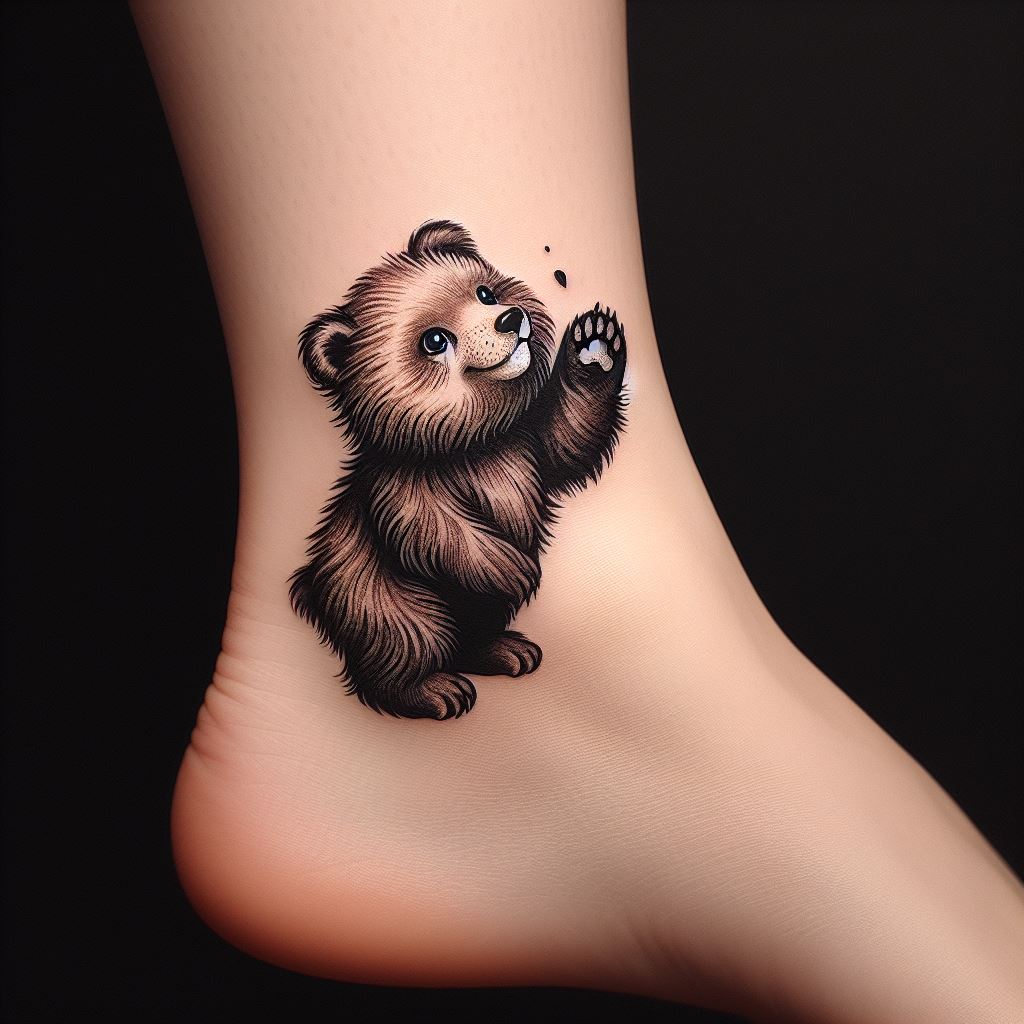A tattoo featuring a playful bear cub wrapped around the ankle, its paw reaching up as if trying to catch something. The design is whimsical and lively, capturing the playful spirit of the bear cub with detailed fur texture and expressive eyes. This tattoo wraps around the ankle, creating a charming and endearing image that moves with the body.