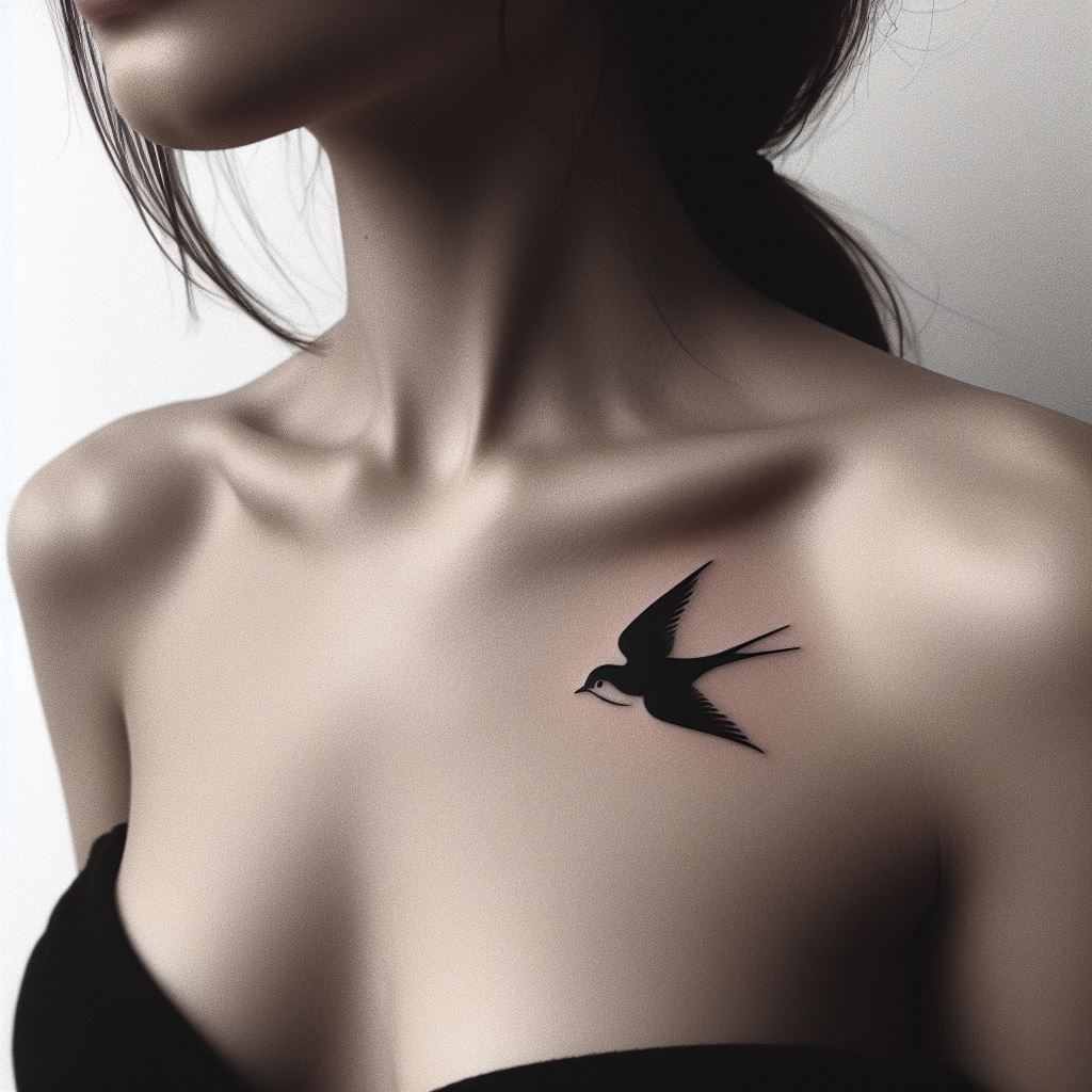 A minimalist tattoo of a small bird in flight positioned right above the collarbone, executed in sleek, black lines.