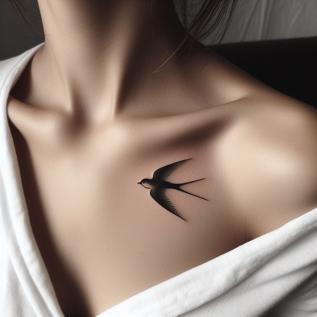 A minimalist tattoo of a small bird in flight positioned right above the collarbone, executed in sleek, black lines.