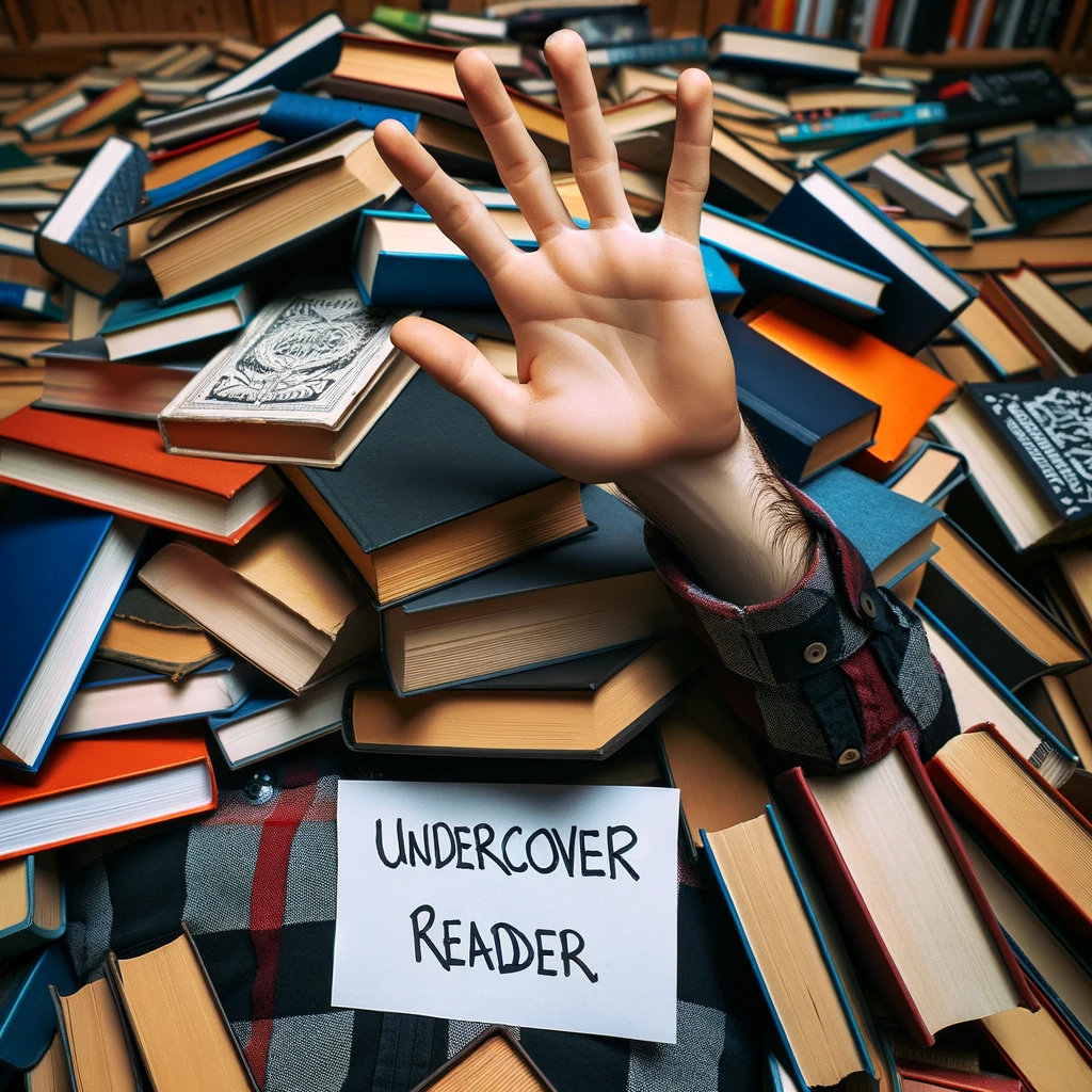 A person buried in a pile of books, only their hand visible, captioned: "Undercover reader."