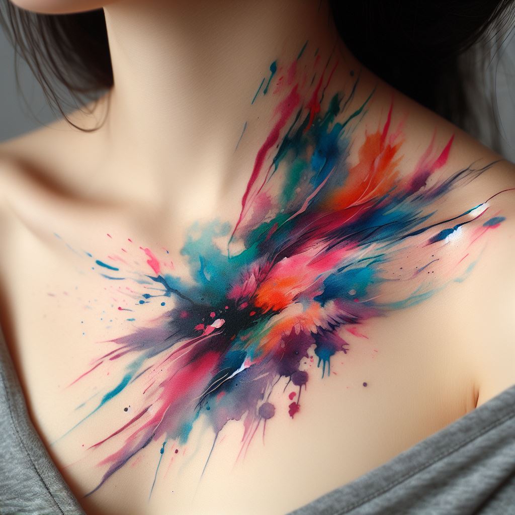 A watercolor tattoo splashed across the collarbone, blending vibrant hues to create an abstract, art-inspired design.