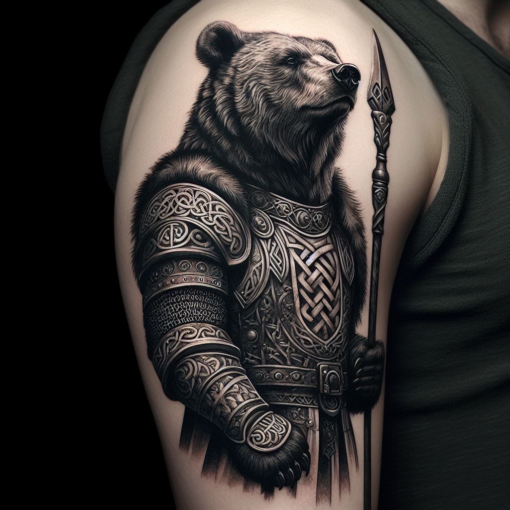 A tattoo of a bear warrior in armor, positioned on the upper arm as a symbol of strength and bravery. The bear stands upright, clad in detailed ancient warrior gear, with a spear in one paw and a shield in the other. The design incorporates Celtic knots and patterns into the armor and background, blending mythology with the fierce spirit of the bear. The tattoo is bold and intricate, making a powerful statement.