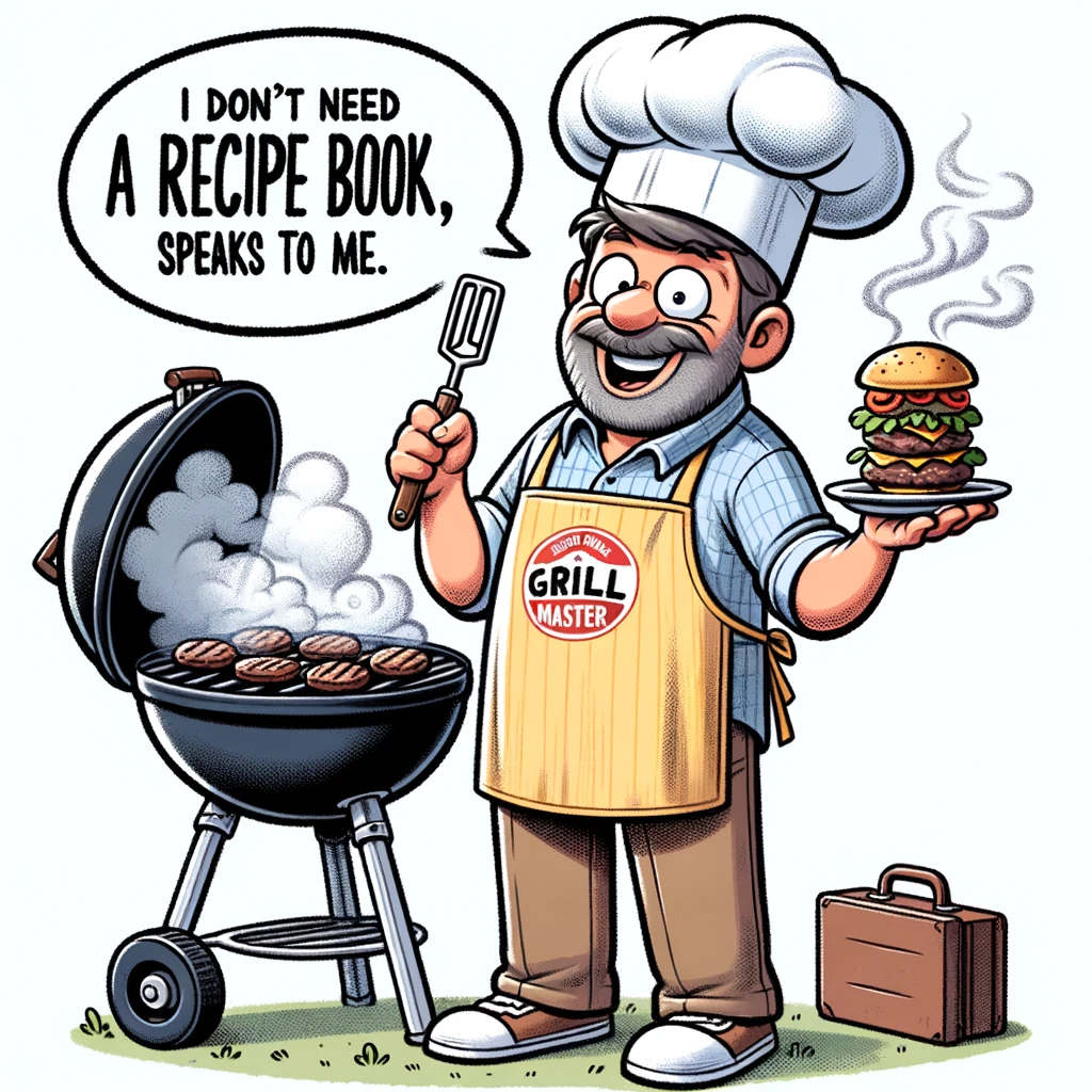 Grilling Dad: A cartoon image of a cheerful dad standing by a barbecue grill. He is wearing a chef's hat and an apron with the words "Grill Master." He is flipping burgers with a big smile, surrounded by a cloud of smoke. Include a caption that reads, "I don't need a recipe book, the grill speaks to me."