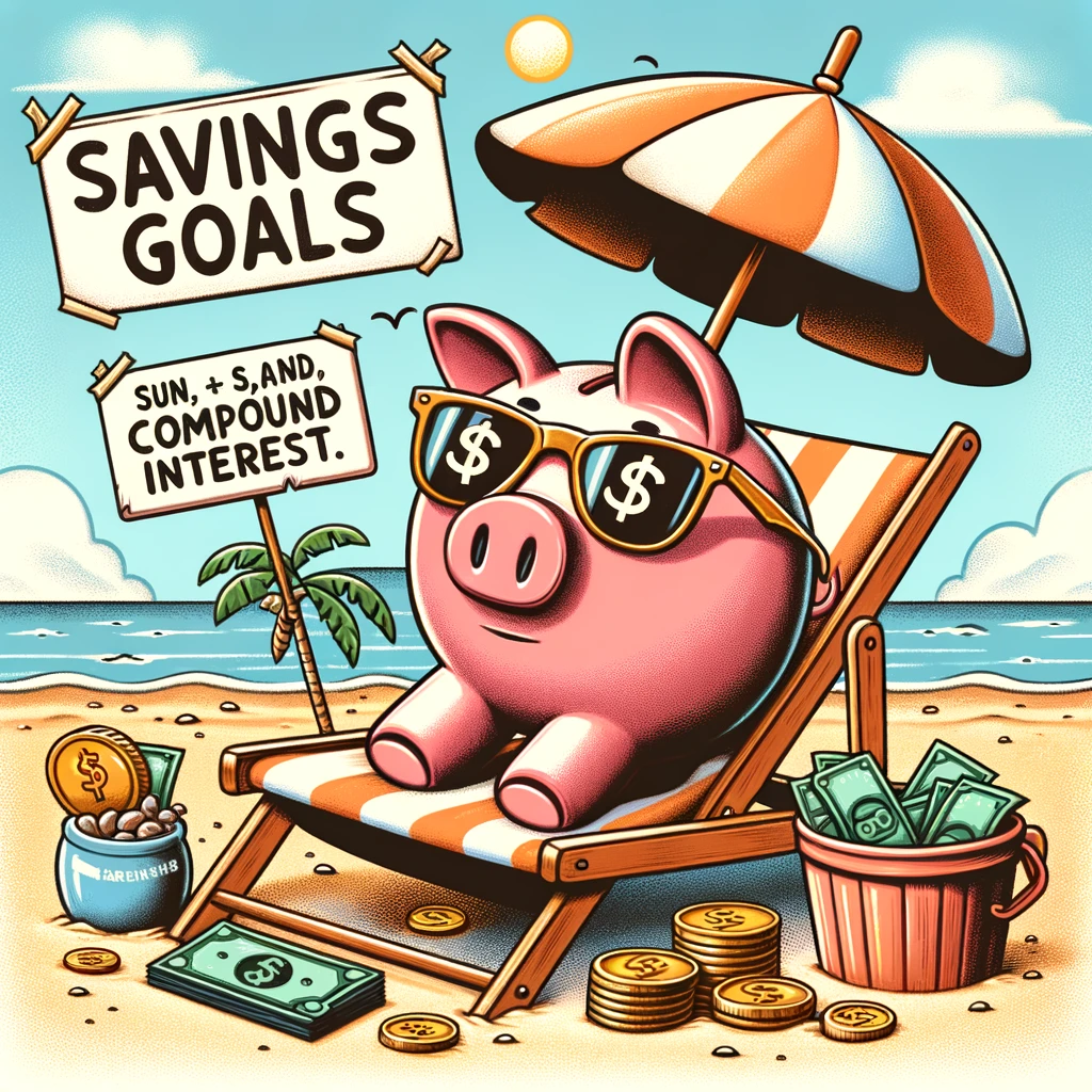 A humorous illustration of a piggy bank wearing sunglasses, lounging on a beach chair under an umbrella, surrounded by coins and dollar bills, with a caption saying "Savings Goals: Sun, Sand, and Compound Interest."