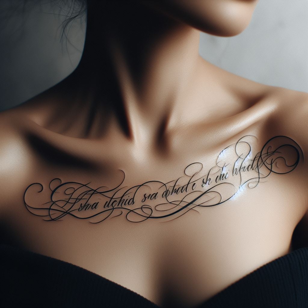 An elegant script tattoo, with a meaningful quote in flowing cursive that gently follows the curve of the collarbone.