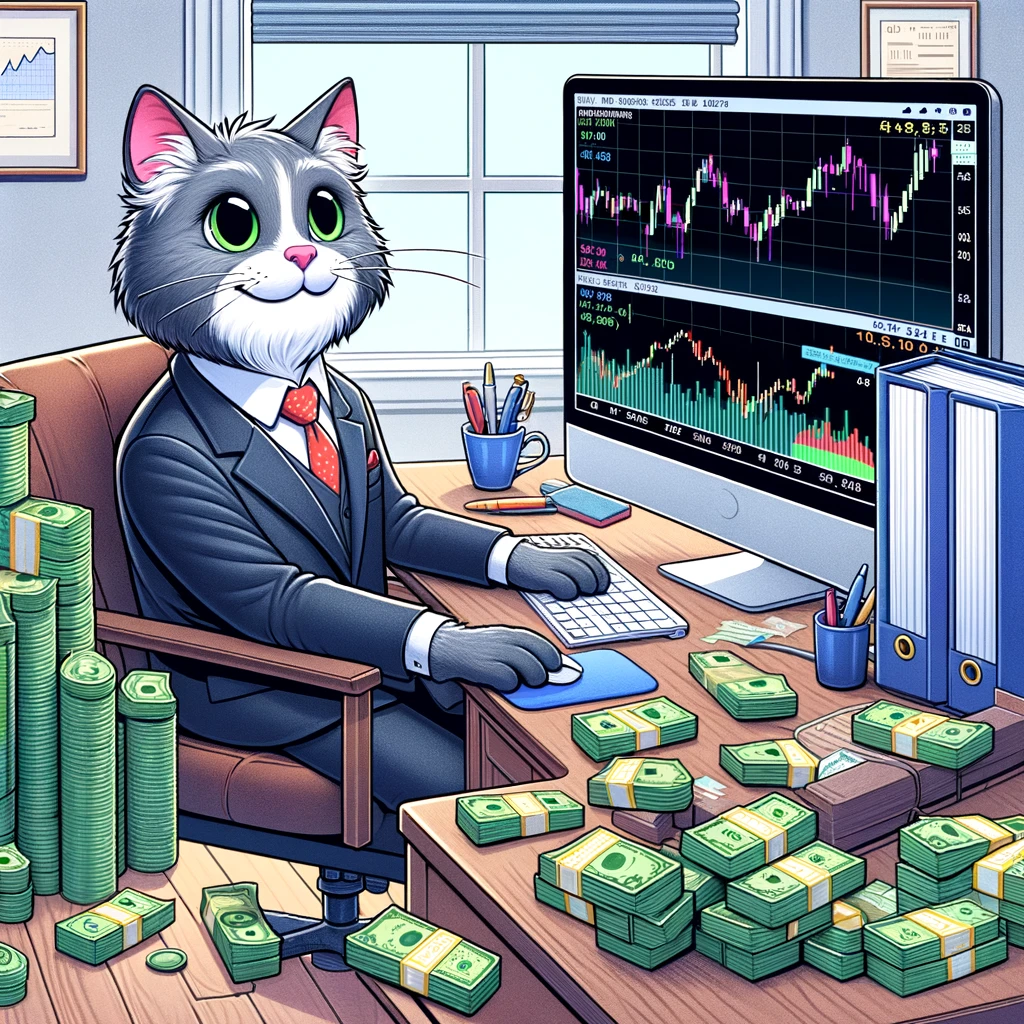 A cartoon of a cat dressed as a businessman, sitting at a desk with a mountain of cash, looking at a computer screen displaying stock charts, with a caption saying "Buying low, selling high, and living the nine lives to the fullest."