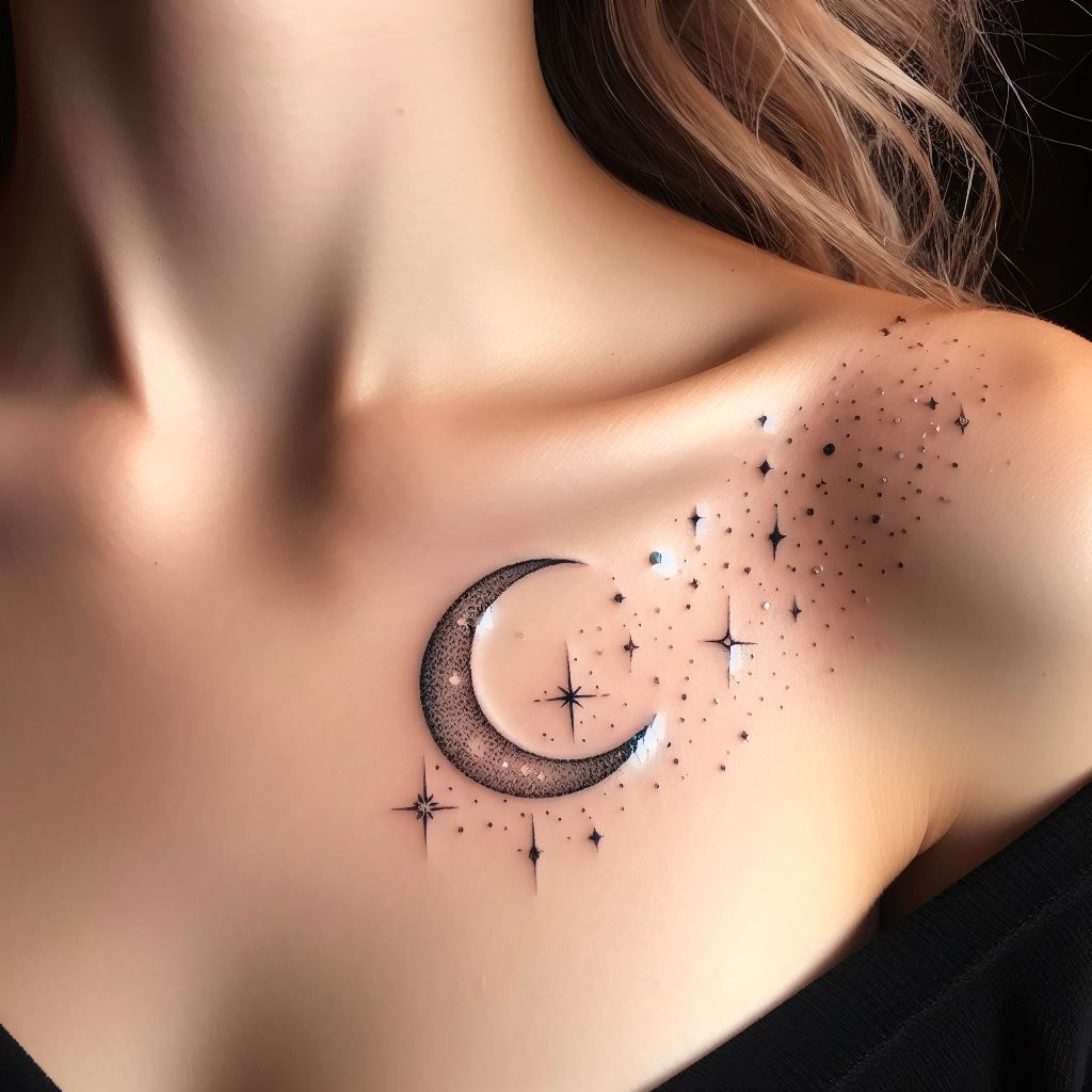 A celestial-themed tattoo featuring a crescent moon and tiny stars scattered delicately along the collarbone.