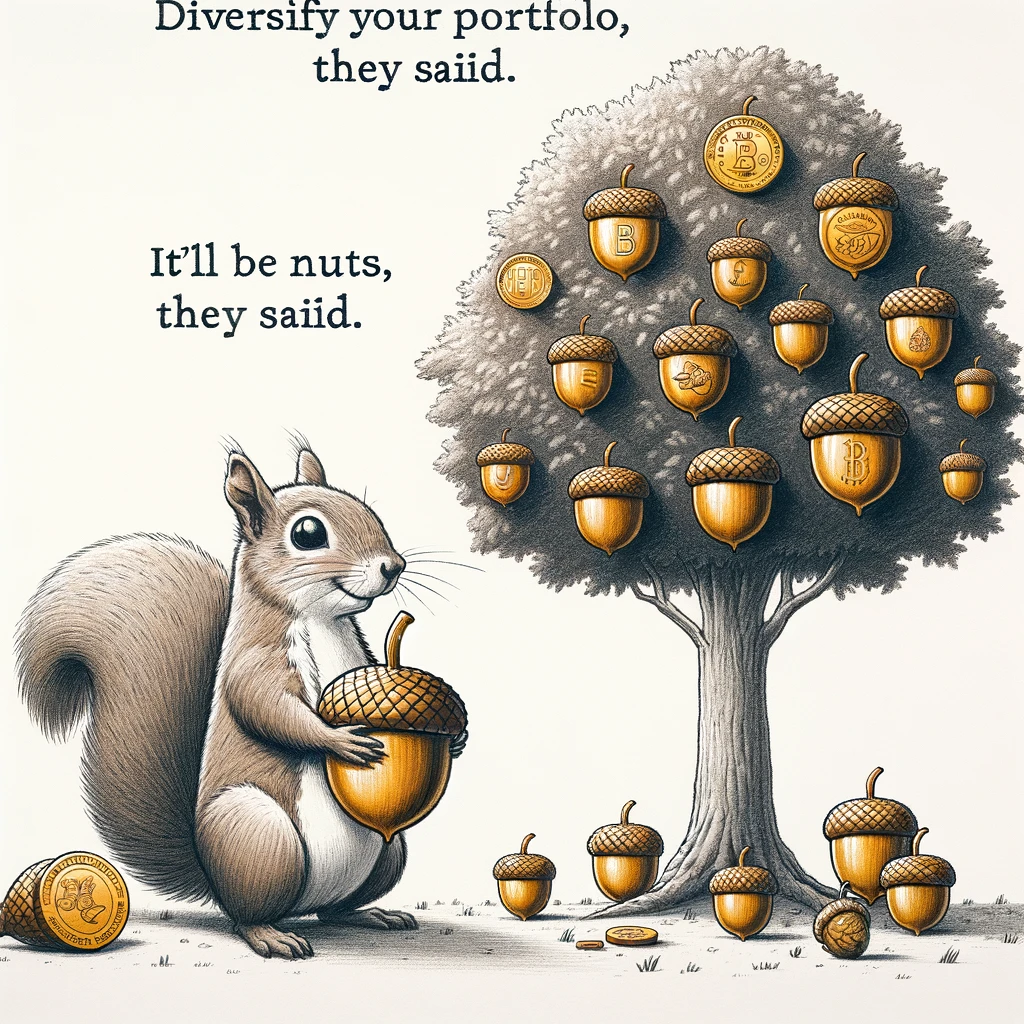 A whimsical drawing of a squirrel holding a giant acorn, standing next to a tree filled with acorns shaped like gold coins, with a caption saying "Diversify your portfolio, they said. It'll be nuts, they said."