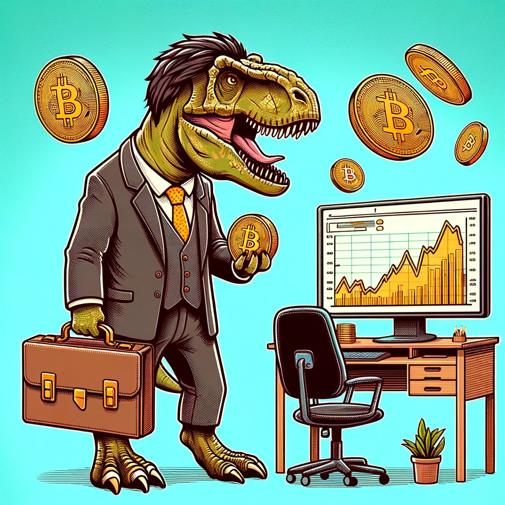 An illustration of a dinosaur in a business suit holding a briefcase full of Bitcoin, standing in front of a computer with cryptocurrency graphs, with a caption saying "When you're prehistoric but your investment game is futuristic."