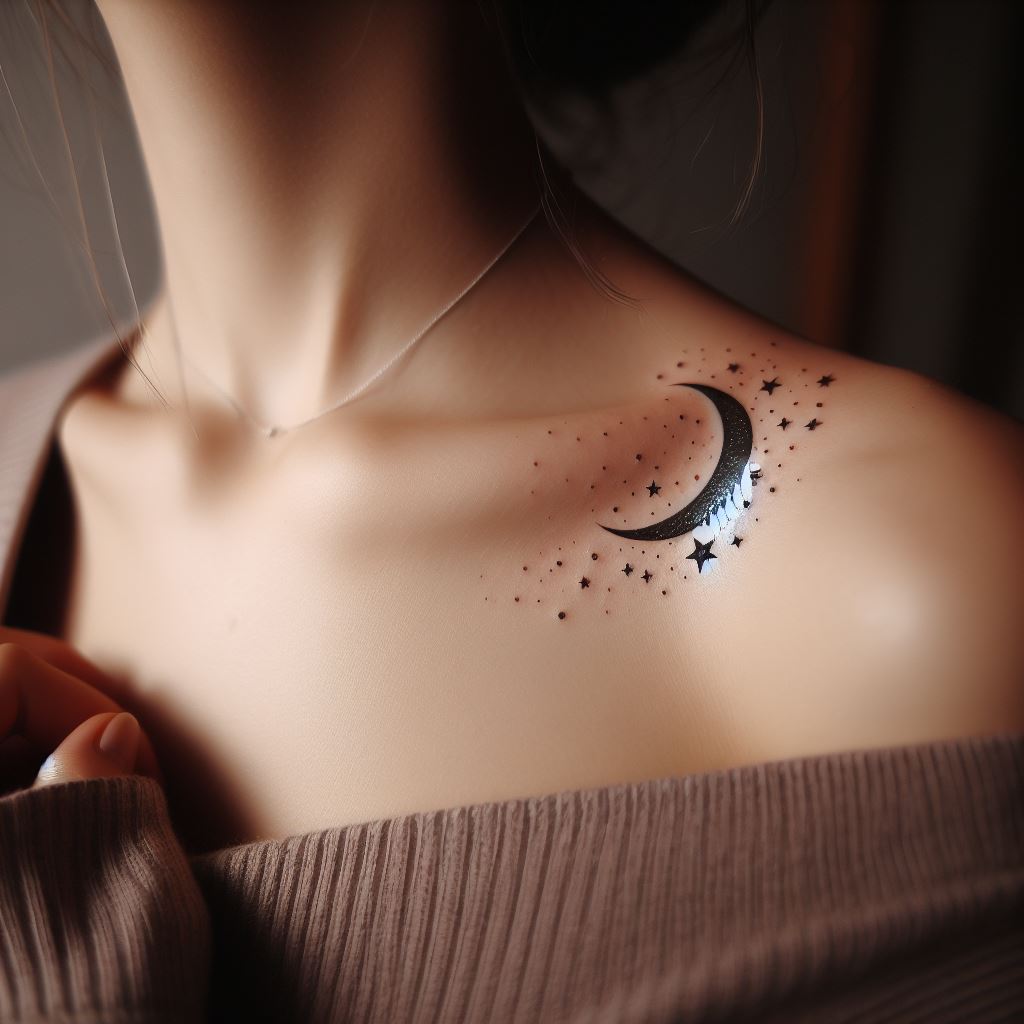 A celestial-themed tattoo featuring a crescent moon and tiny stars scattered delicately along the collarbone.