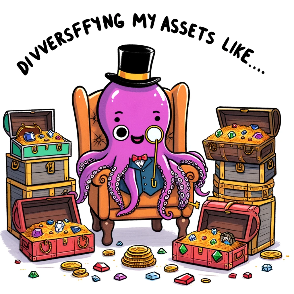A playful drawing of an octopus wearing a monocle and top hat, sitting in an armchair surrounded by treasure chests full of gold and jewels, with a caption saying "Diversifying my assets like..."