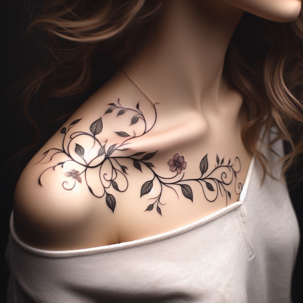 A nature-inspired tattoo of a delicate vine with leaves and flowers, meandering softly over the collarbone.