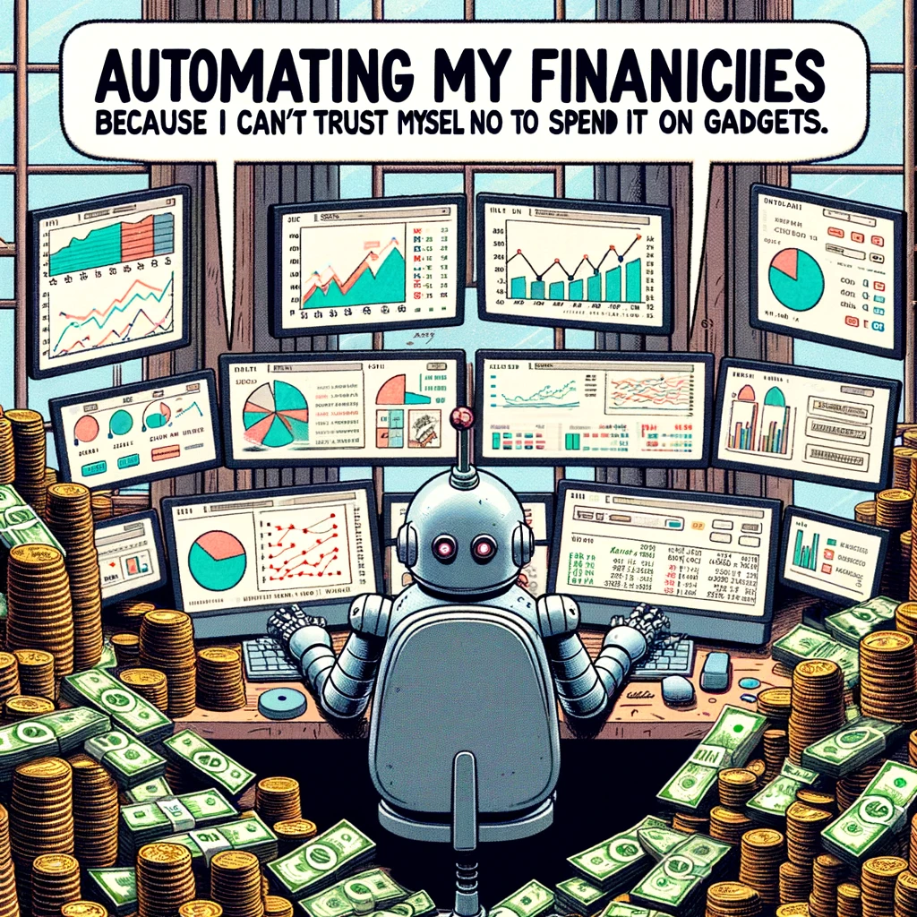 A comic illustration of a robot analyzing financial charts on multiple screens, surrounded by piles of coins and cash, with a caption saying "Automating my finances because I can't trust myself not to spend it on gadgets."