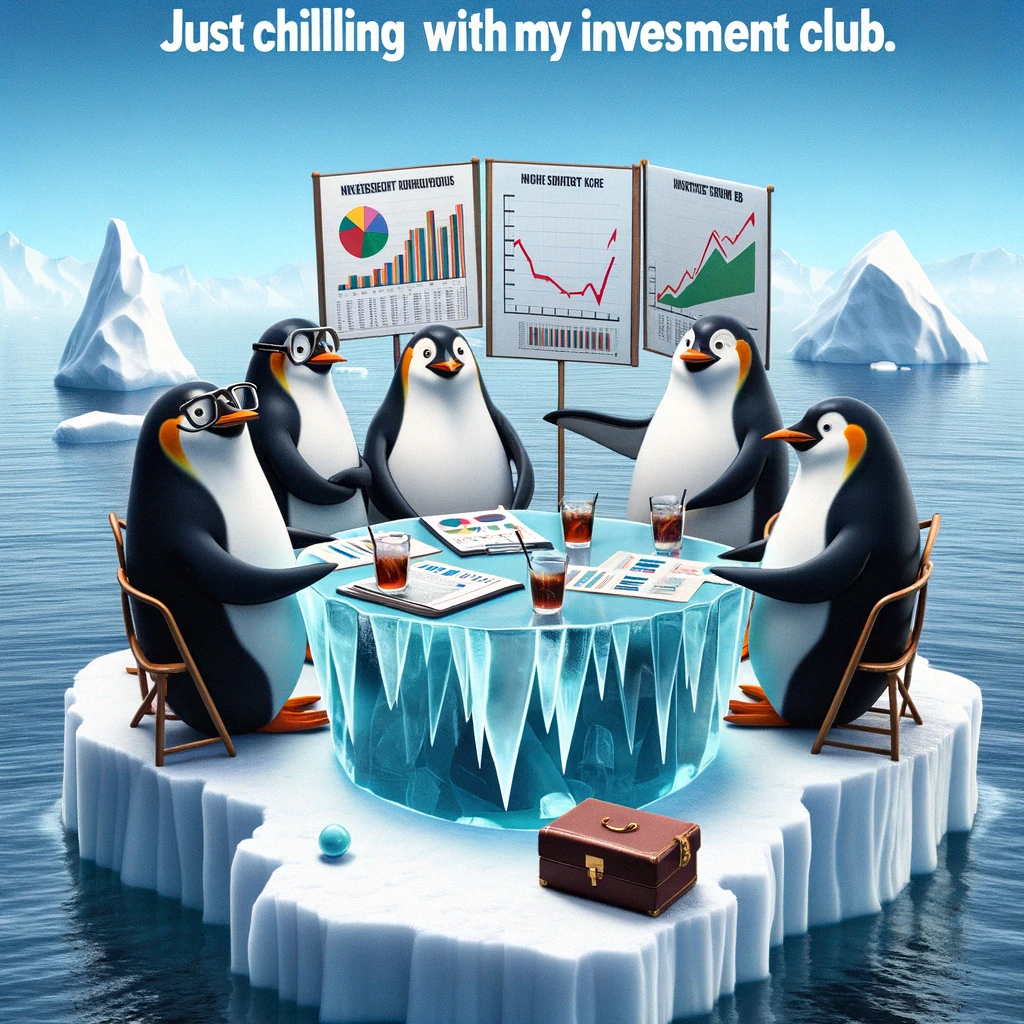 A funny image of a group of penguins in business attire having a meeting around an iceberg, with charts and graphs made of ice, with a caption saying "Just chilling with my investment club."