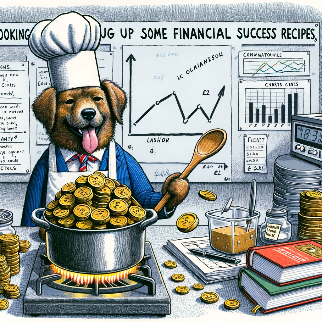A satirical drawing of a dog dressed as a chef, cooking a pot of gold coins on a stove, with financial books and charts scattered around, with a caption saying "Cooking up some financial success recipes."