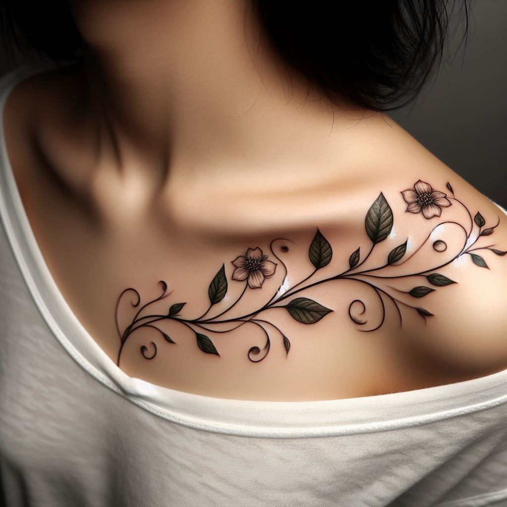 A nature-inspired tattoo of a delicate vine with leaves and flowers, meandering softly over the collarbone.