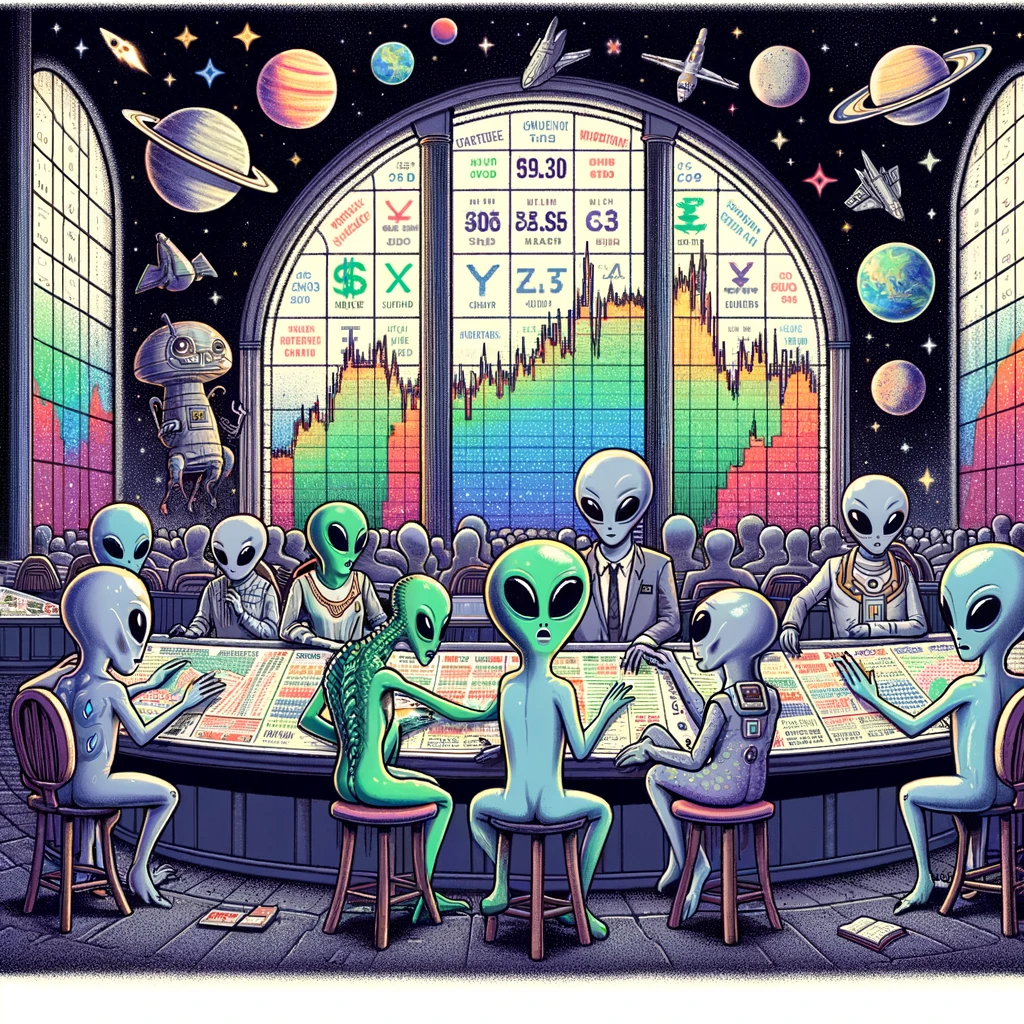 An amusing illustration of a group of aliens at a stock exchange, trading planets and stars, with a galactic currency chart in the background, and a caption saying "Diversifying assets across the universe."
