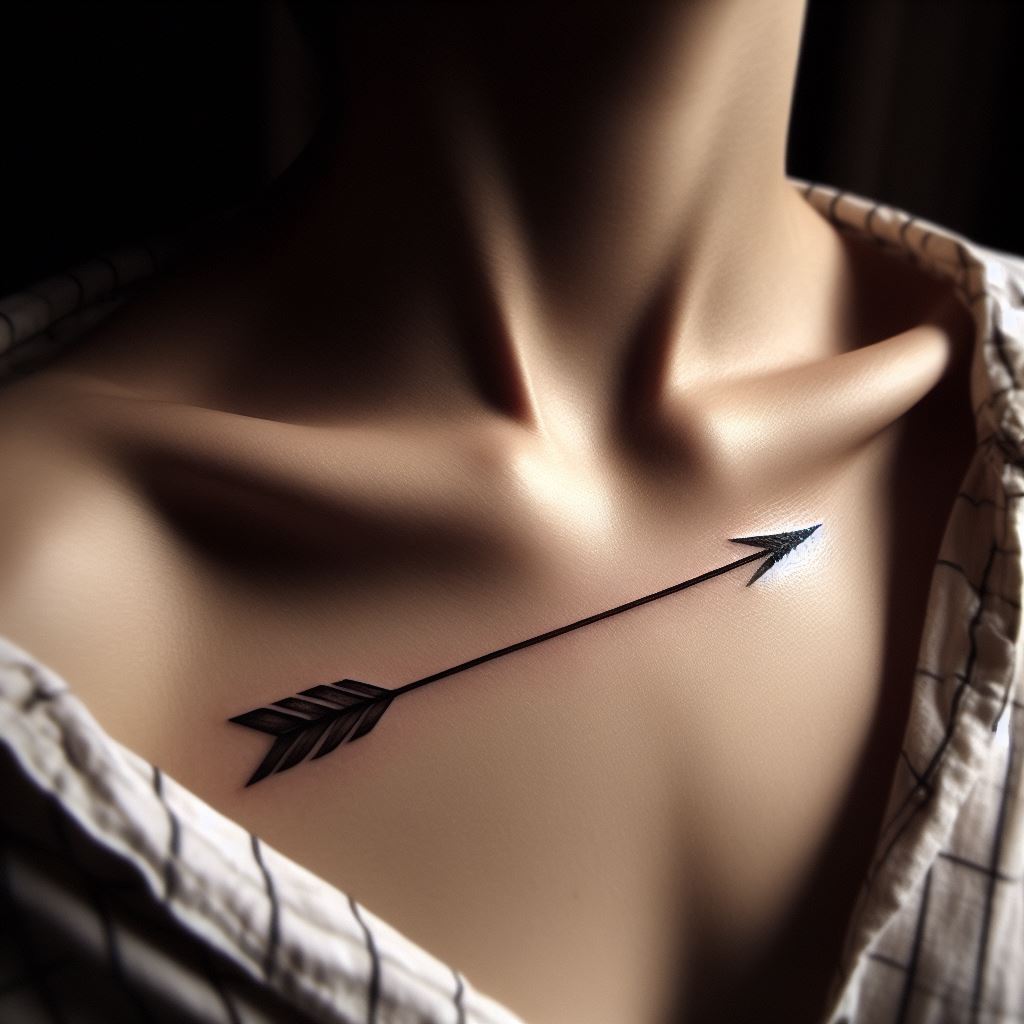 An arrow tattoo, its tip pointing forward, etched precisely along the length of the collarbone in bold black ink.