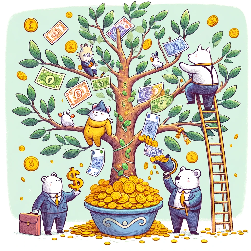 Illustration of a whimsical money tree with various currency notes as leaves, growing out of a pot of gold, with animals dressed in business attire harvesting the money, with a caption saying "Harvesting the fruits of my investment."