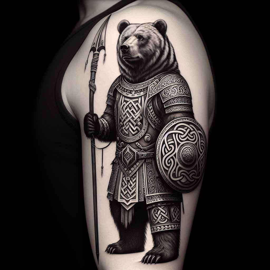A tattoo of a bear warrior in armor, positioned on the upper arm as a symbol of strength and bravery. The bear stands upright, clad in detailed ancient warrior gear, with a spear in one paw and a shield in the other. The design incorporates Celtic knots and patterns into the armor and background, blending mythology with the fierce spirit of the bear. The tattoo is bold and intricate, making a powerful statement.