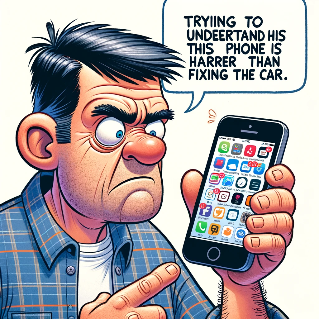 Tech-Challenged Dad: A cartoon image of a dad looking confused and staring at a smartphone. His expression is puzzled. The smartphone screen shows a bunch of open apps and notifications. Include a caption that says, "Trying to understand this phone is harder than fixing the car."