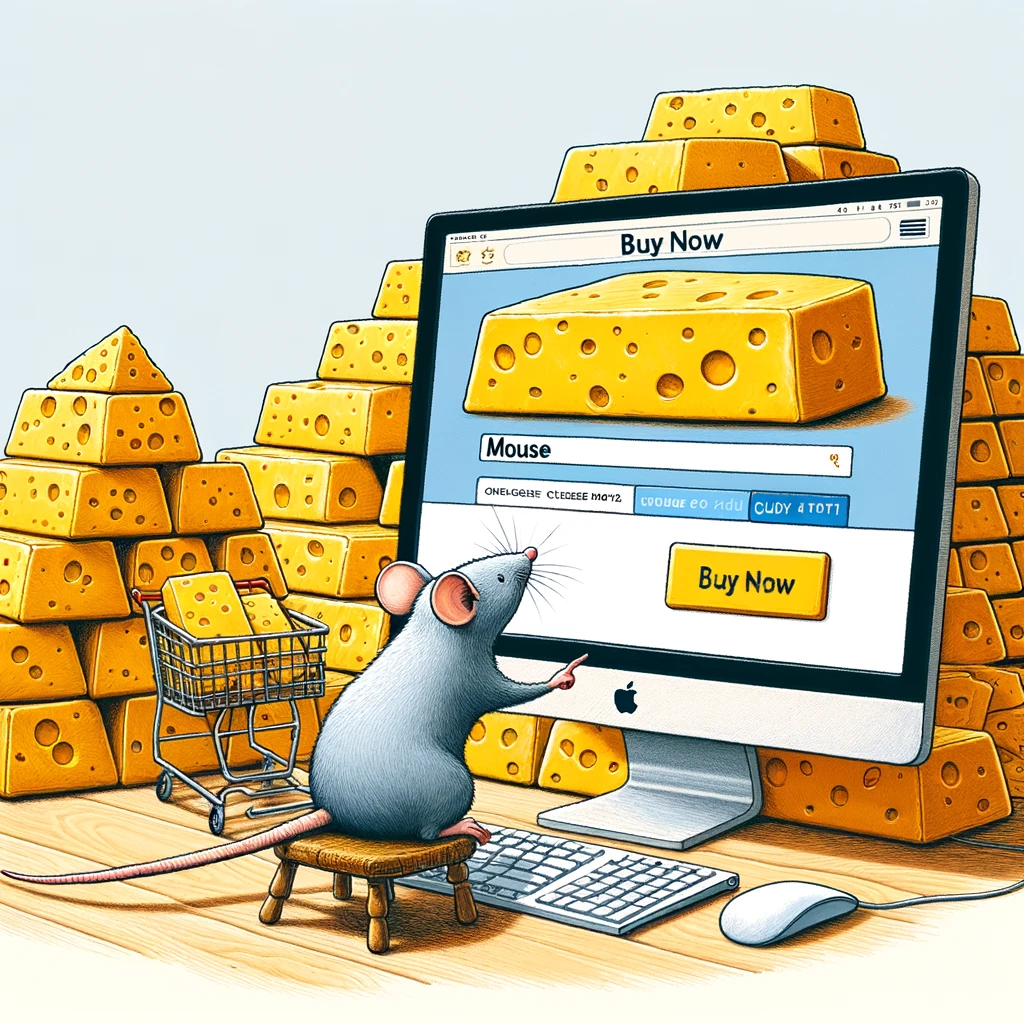 A humorous scene of a mouse clicking a 'Buy Now' button on a giant computer screen, with piles of cheese shaped like gold bars in the background, captioned "When you're a mouse but your cheese investment pays off."