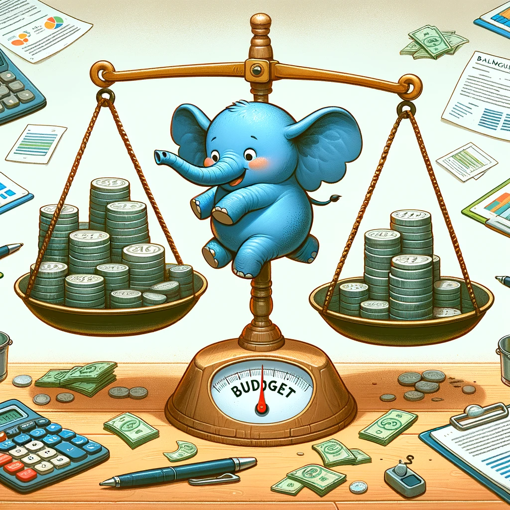 A comical illustration of an elephant balancing on a tiny budget scale, surrounded by financial documents and calculators, with a caption saying "Balancing the budget like a pro."