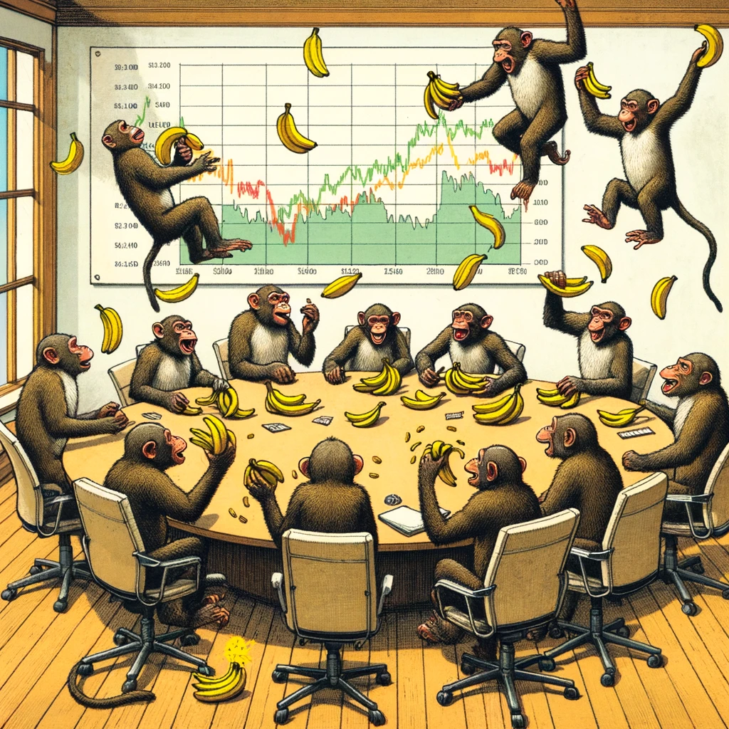 A playful depiction of a group of monkeys in a boardroom, throwing bananas at each other, with a stock market chart on the wall, captioned "Discussing the latest market trends."
