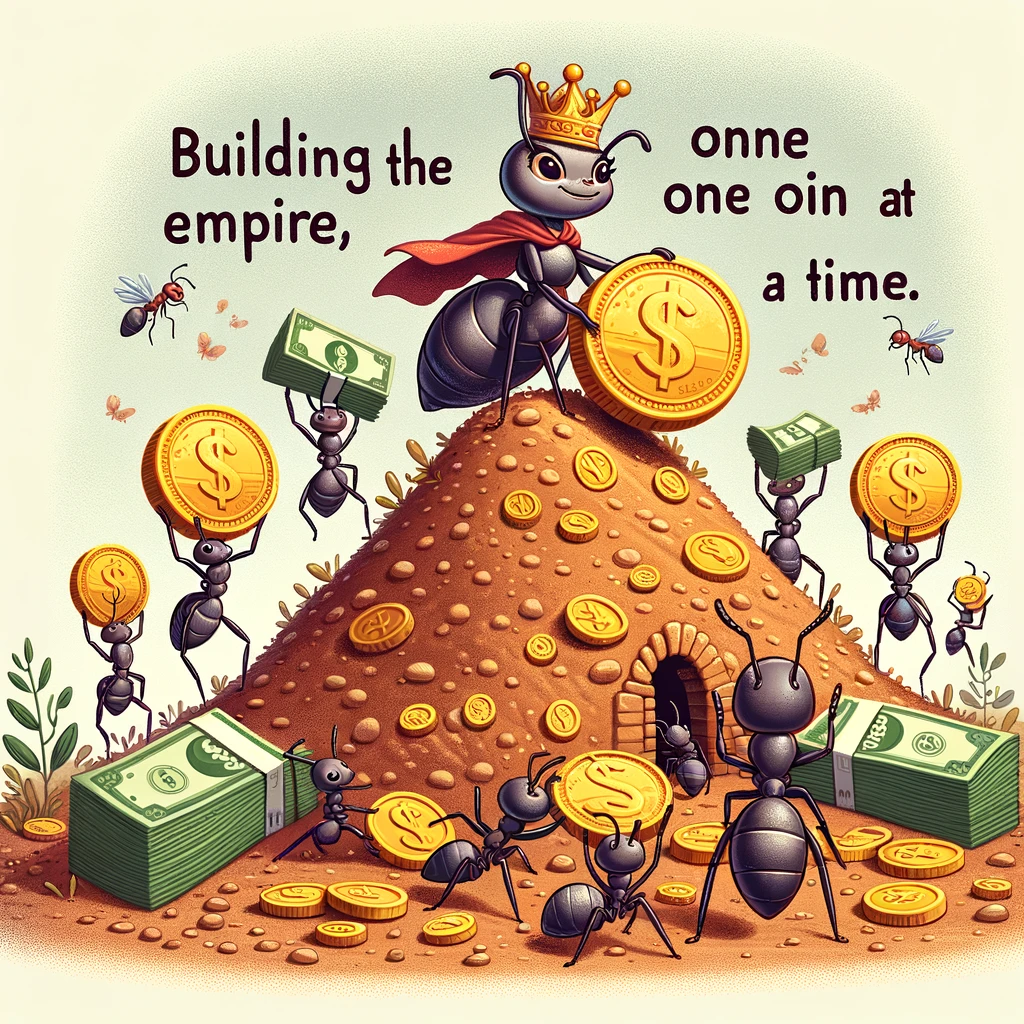 A whimsical scene with a group of ants carrying giant coins and dollar bills back to their anthill, overseen by an ant queen wearing a crown and a cape, captioned "Building the empire, one coin at a time."