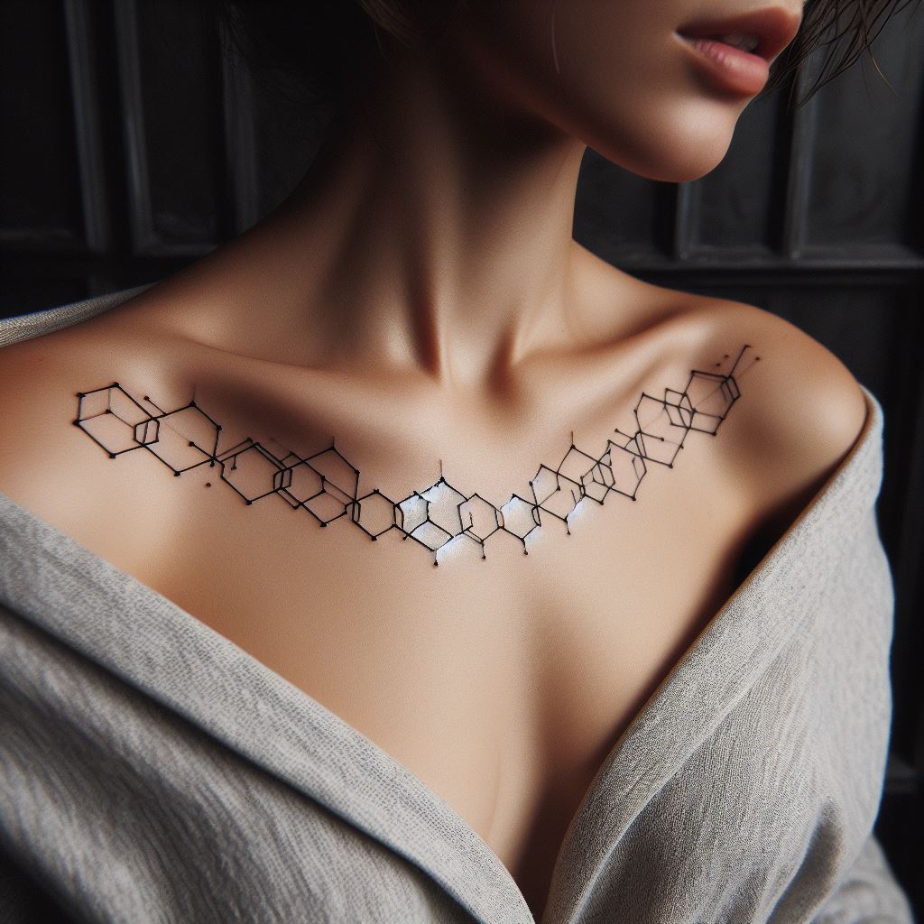 A chain of interconnected, small geometric shapes tattooed along the collarbone, creating a modern, linear pattern.