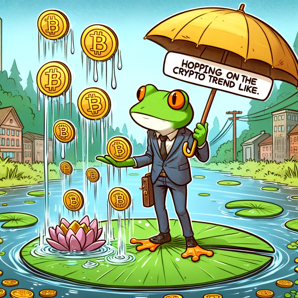 A cartoon of a frog in a suit making it rain with cryptocurrency coins, standing on a lily pad in a pond of digital currency, with a caption saying "Hopping on the crypto trend like."