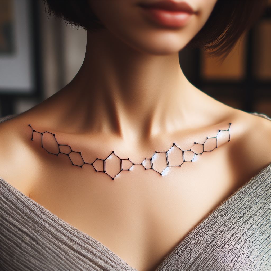 A chain of interconnected, small geometric shapes tattooed along the collarbone, creating a modern, linear pattern.