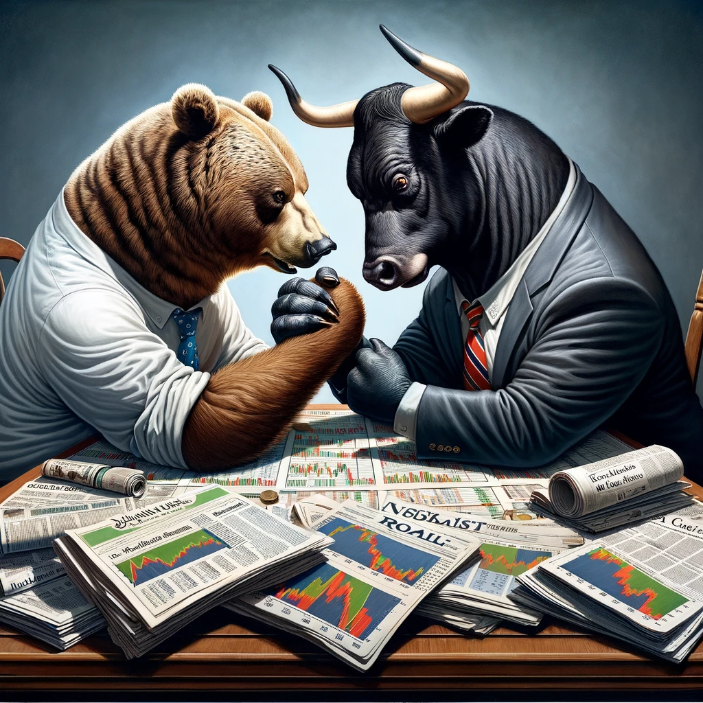 A satirical image of a bear and a bull dressed in business suits, arm wrestling over a table full of financial newspapers and stock market charts, with a caption saying "The eternal struggle of the stock market."