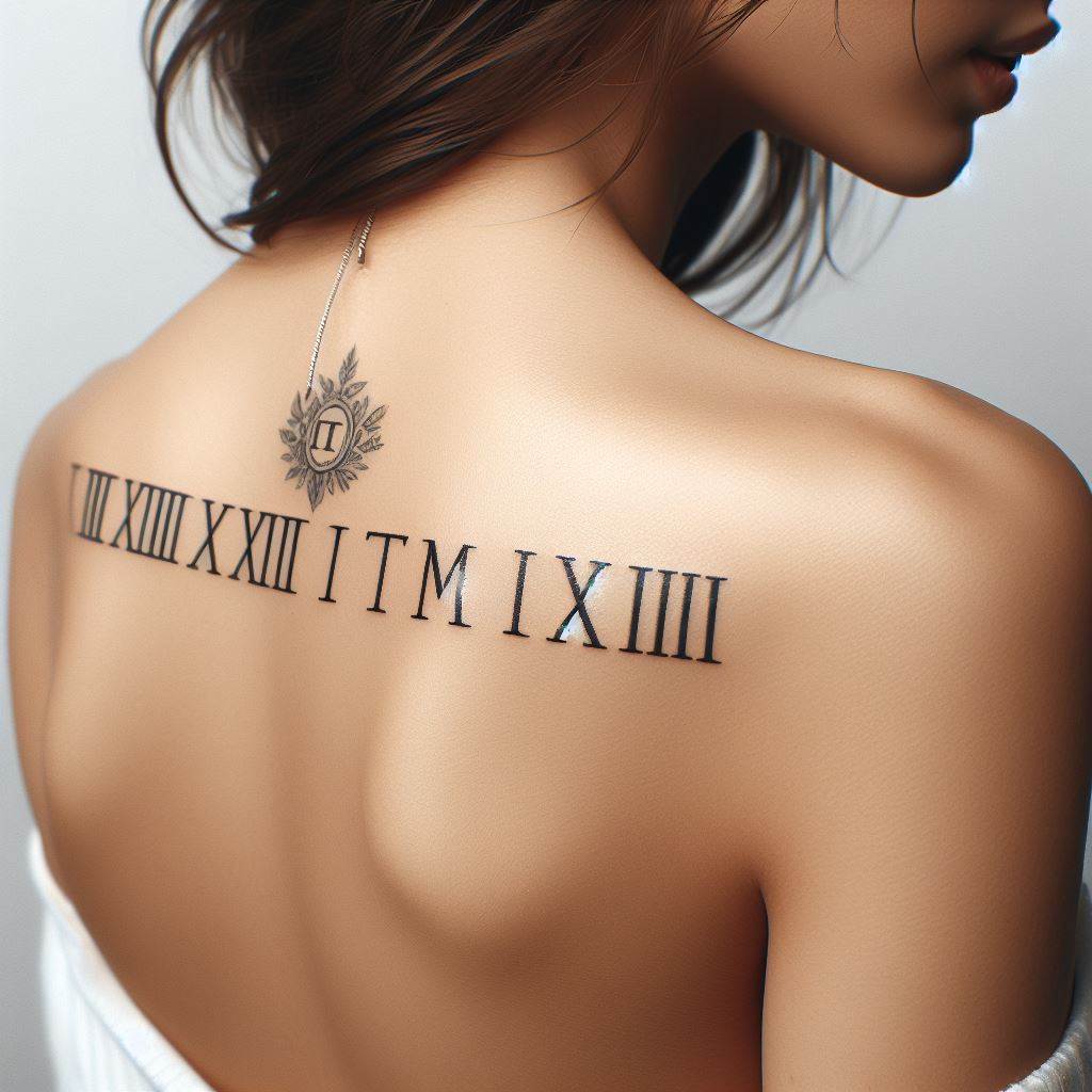 A series of roman numerals representing significant dates, tattooed in a neat line parallel to the collarbone.