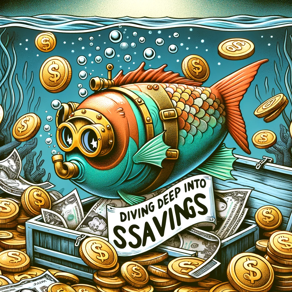 A quirky illustration of a fish swimming through a sea of coins and dollar bills, wearing a diver's helmet, with a treasure chest of jewels and gold in the background, captioned "Diving deep into savings."